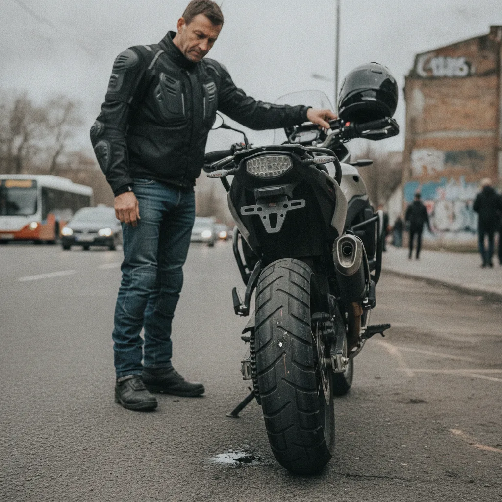 Motocicleta com pneu danificado, questionando se selante para motos resolve furos laterais ou rasgos