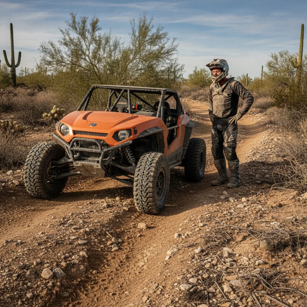 ATV esportivo superando obstáculo em trilha, Pneus Novos no ATV prontos para selagem e aventura