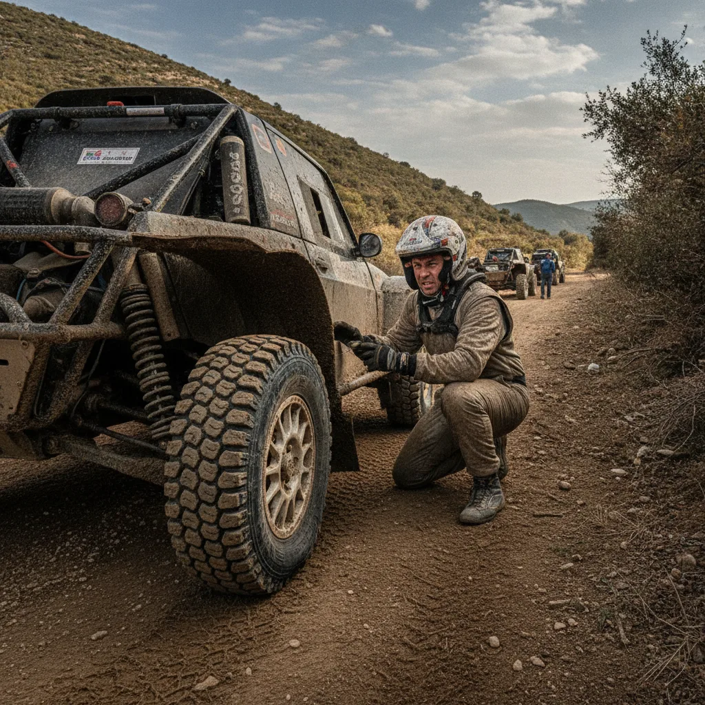 Pneu robusto de off-road esportivo em terreno desafiador, mesmo que a escola tenha mecânico, eles resolvem pneu furado
