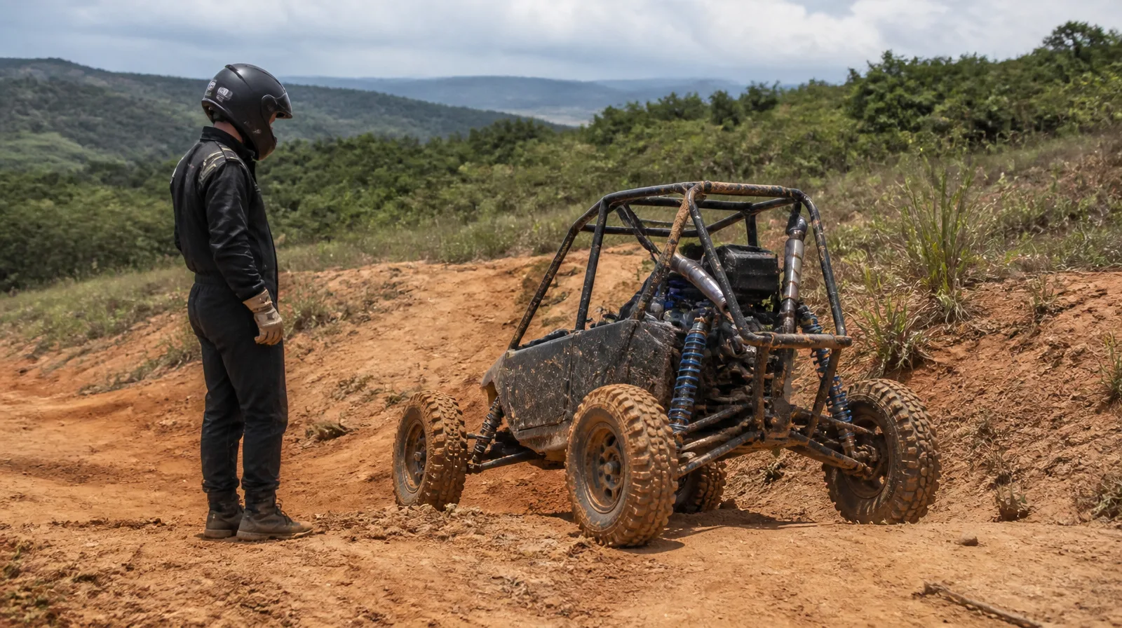 Pneu off-road esportivo Baja SAE USA com câmara especial de competição selante em veículo fotorrealista na lama
