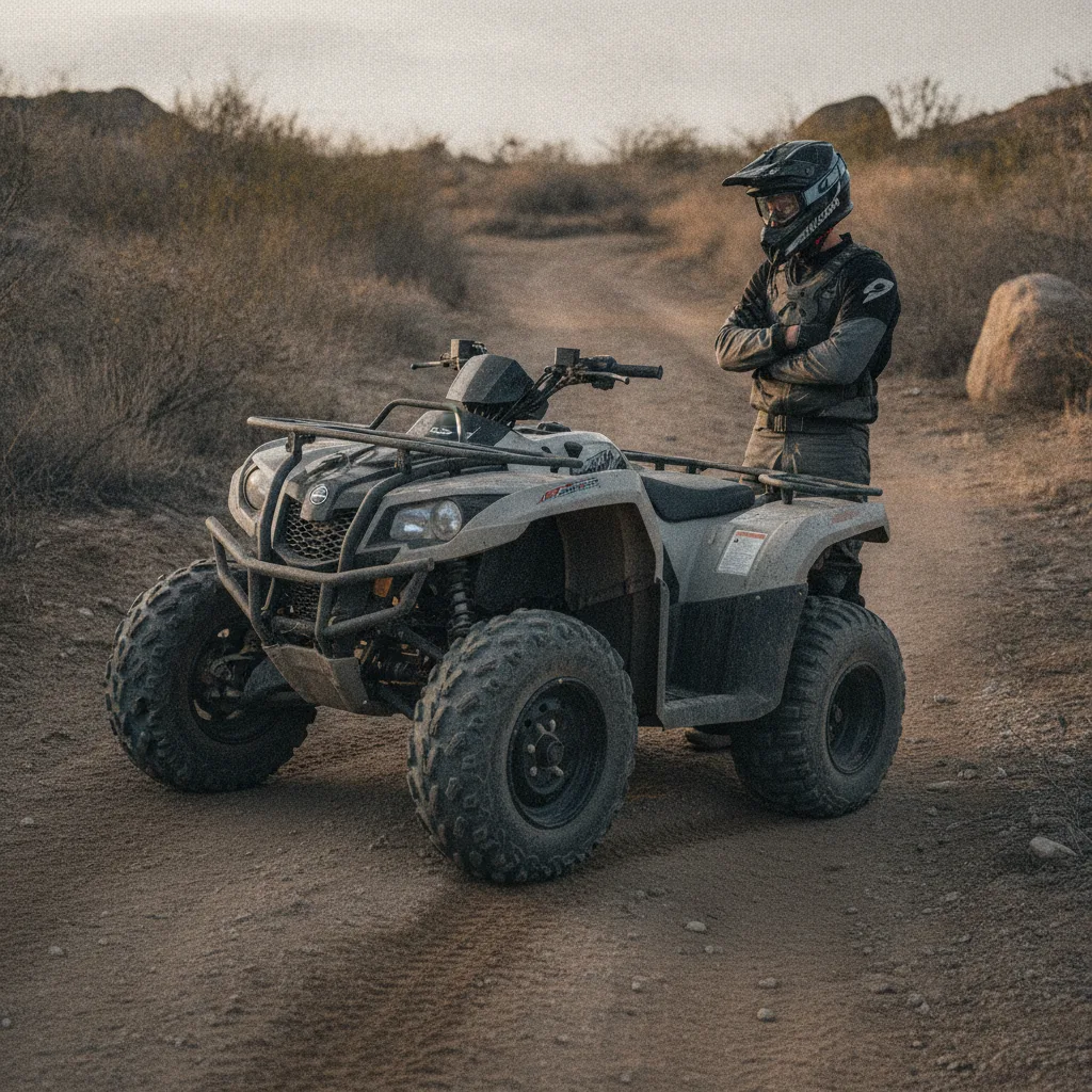 Pneu de quadriciclo robusto em destaque num quadriciclo esportivo em trilha off-road desafiadora