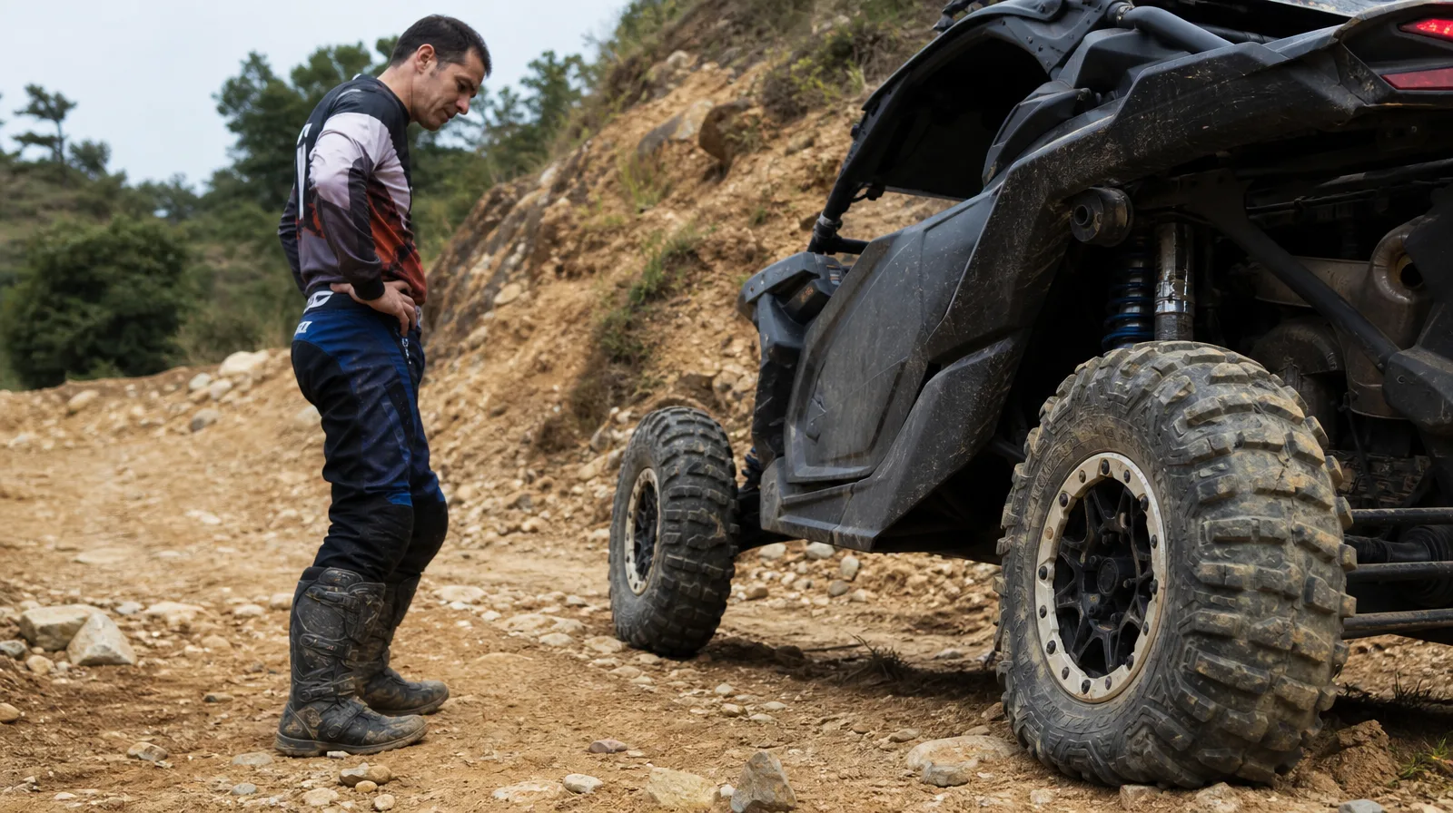 Pneu de off road esportivo com furo por mordida de borracha, ilustrando a situação minha camara furou por mordida de borracha