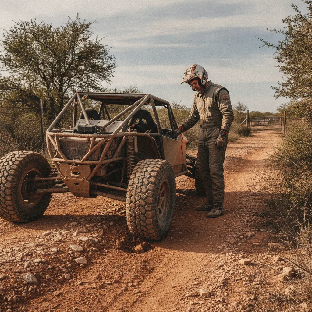 Pneu furado na fazenda? SUV off-road esportivo em trilha de terra, destacando a importância de pneus resistentes