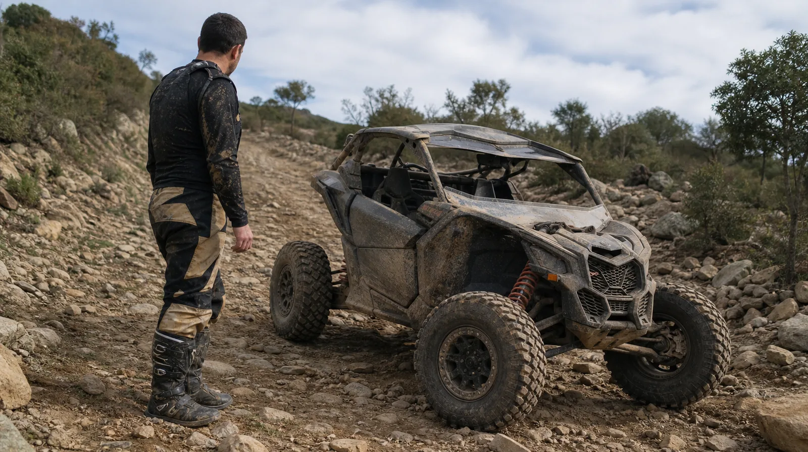 Pneu de off road esportivo na trilha rochosa, destacando resistência a furos em superficies tec