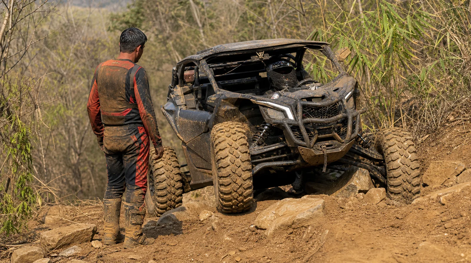 Pneu off road esportivo pneu de trilha pesada tem espinheiro de cena que pa em veículo 4x4 cruzando terreno acidentado com la