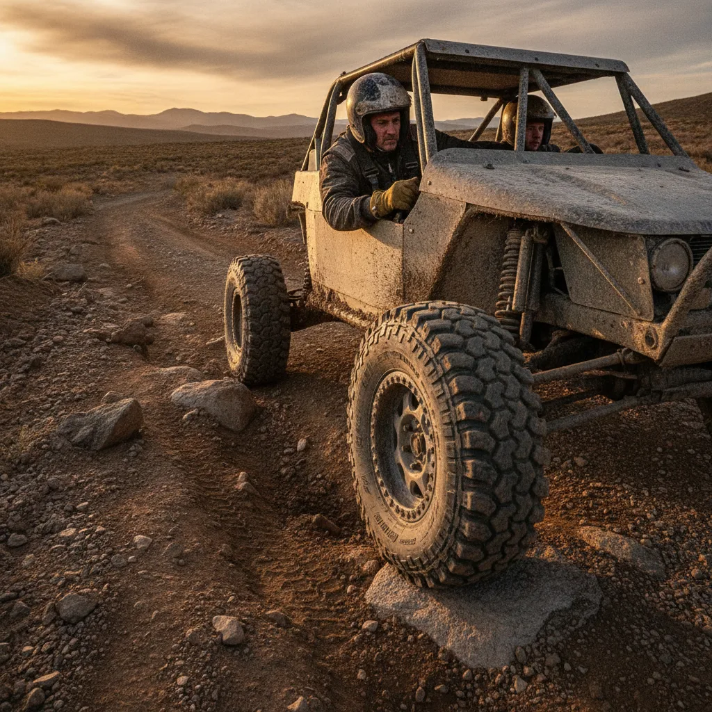 Pneu robusto de veículo off-road esportivo em terreno lamacento, essencial para frotas off-road que usam selante de pneu