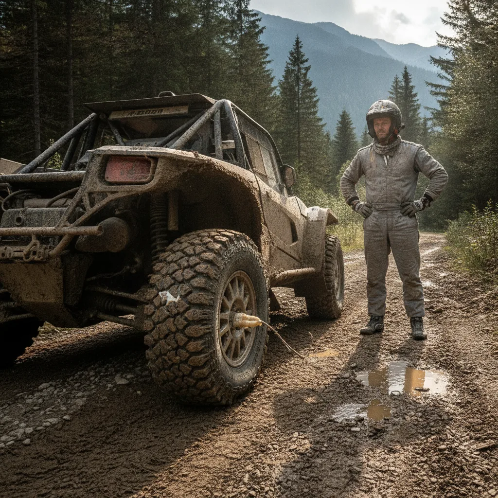 ATV esportivo superando obstáculo em trilha, Pneus Novos no ATV prontos para selagem e aventura