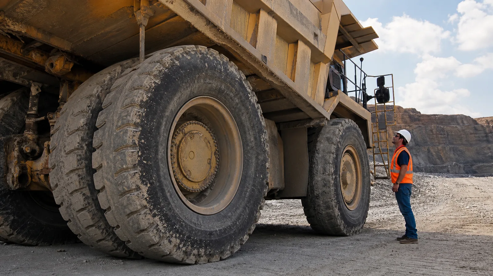 OTR mineração escavadeira CAT 395 e máquina estacionária escava em local de mineração com pneu robusto e poeira intensa
