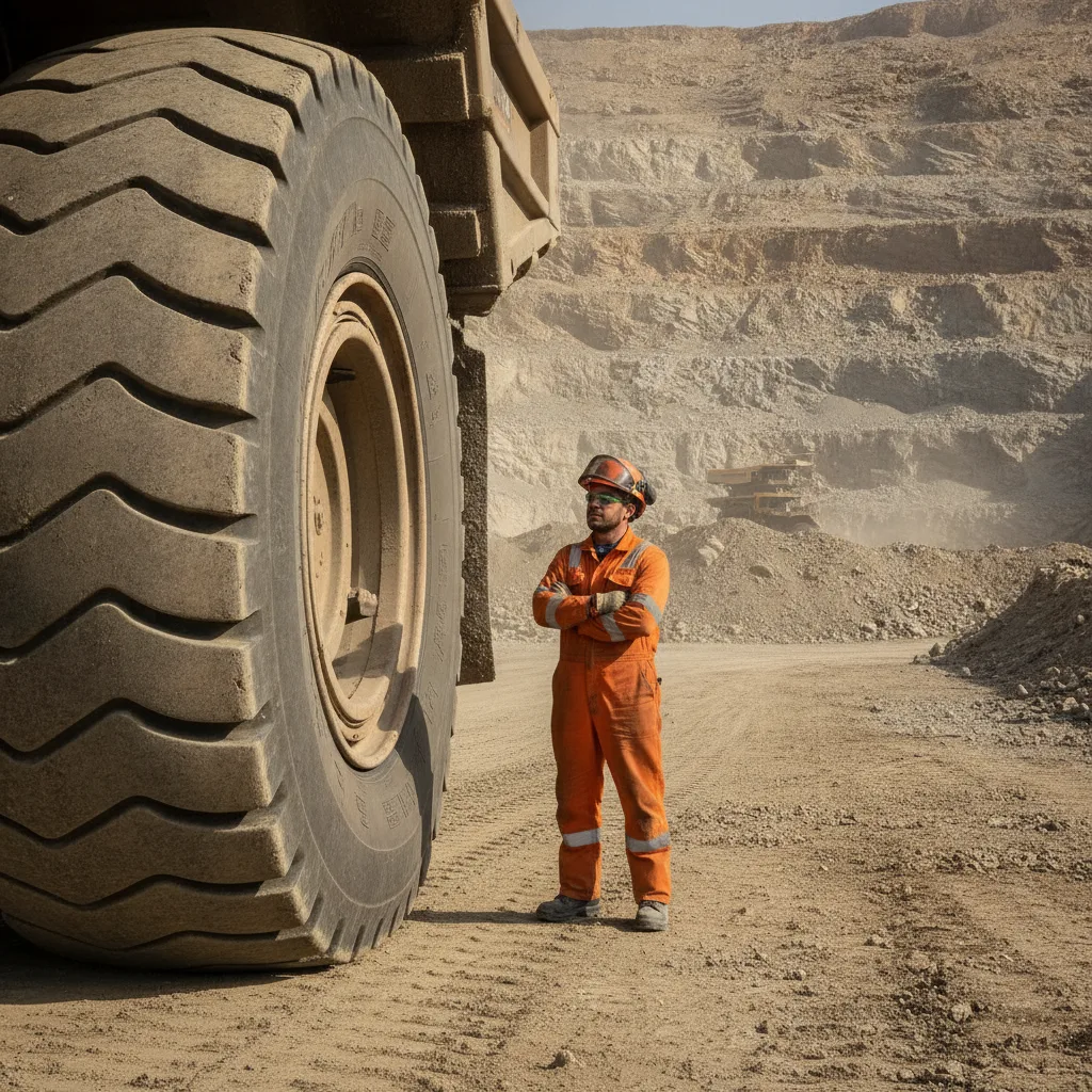 Pneus em Máquinas Críticas de Mineração: pneu gigante de caminhão basculante em operação na mina a céu aberto