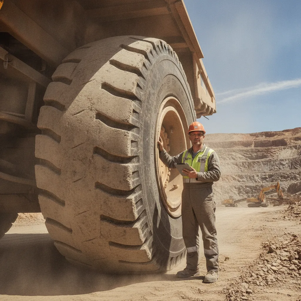 Pneus OTR de grande porte de 57 polegadas em veículo de mineração, destacando a compatibilidade do selante TEX