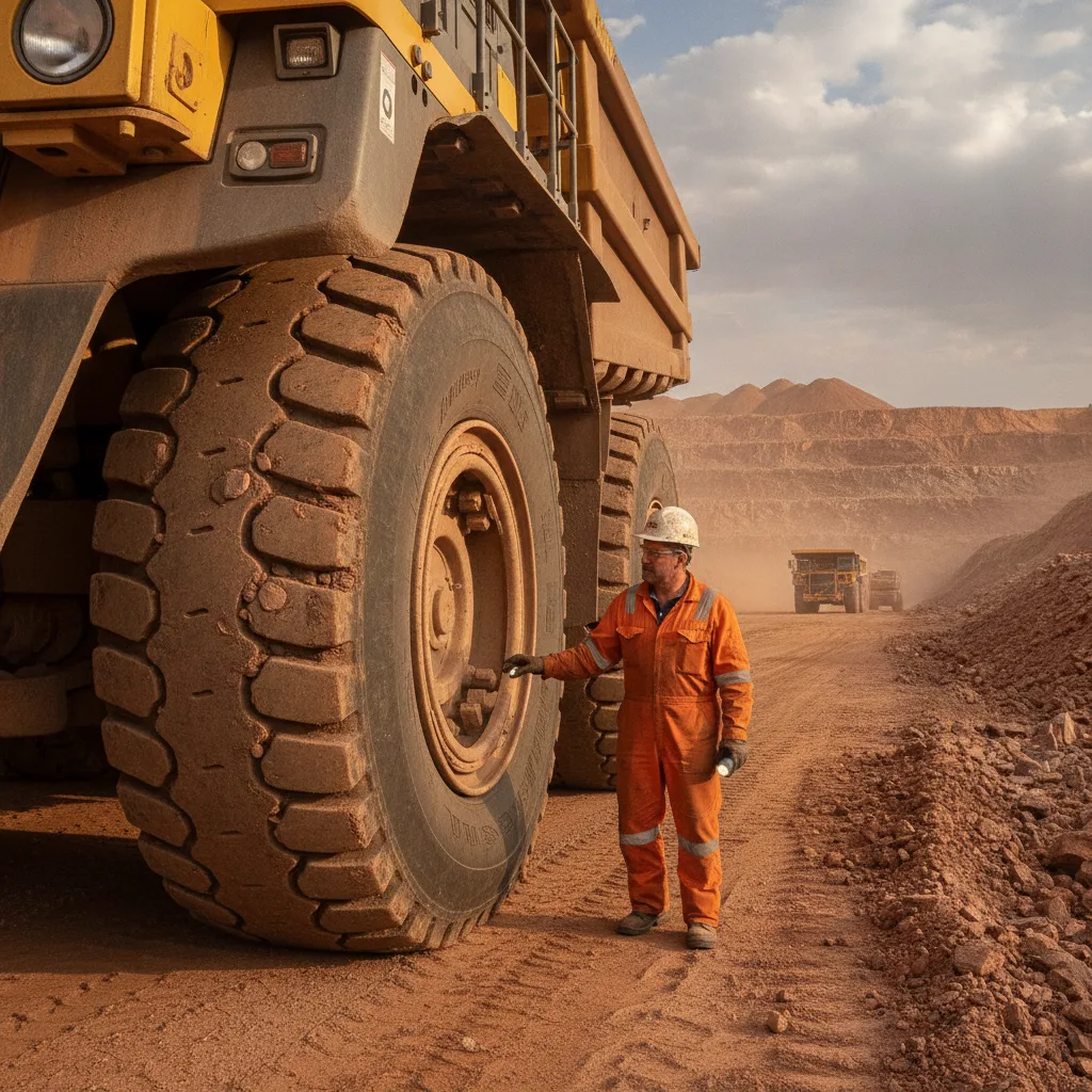 Pneu de pá carregadeira em ambiente de mineração, ilustrando o problema quando o selante em pá carregadeira falhou e a soluçã