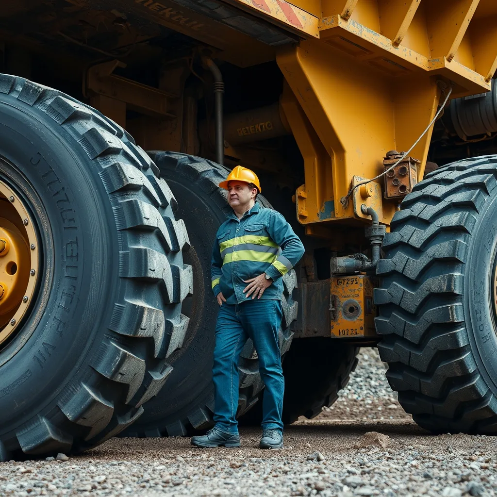 Pneu OTR gigante em mina, evidenciando a tecnologia de blindagem de pneus OTR para zero downtime