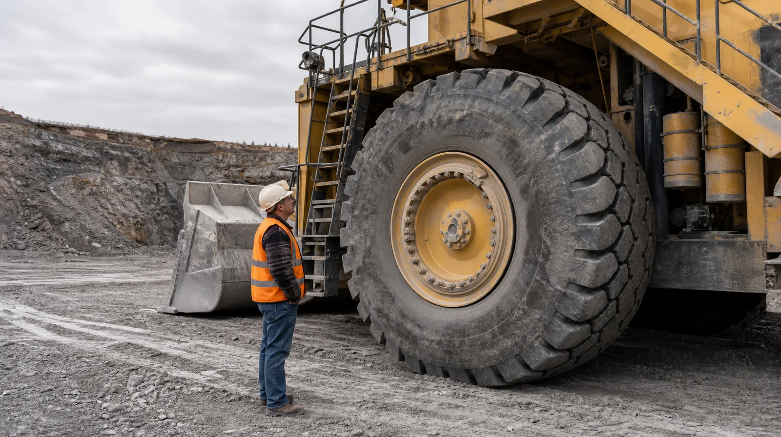 Pneu OTR mineração em veículo LHD, máquina cara com operador cuidadoso em ambiente industrial pesado
