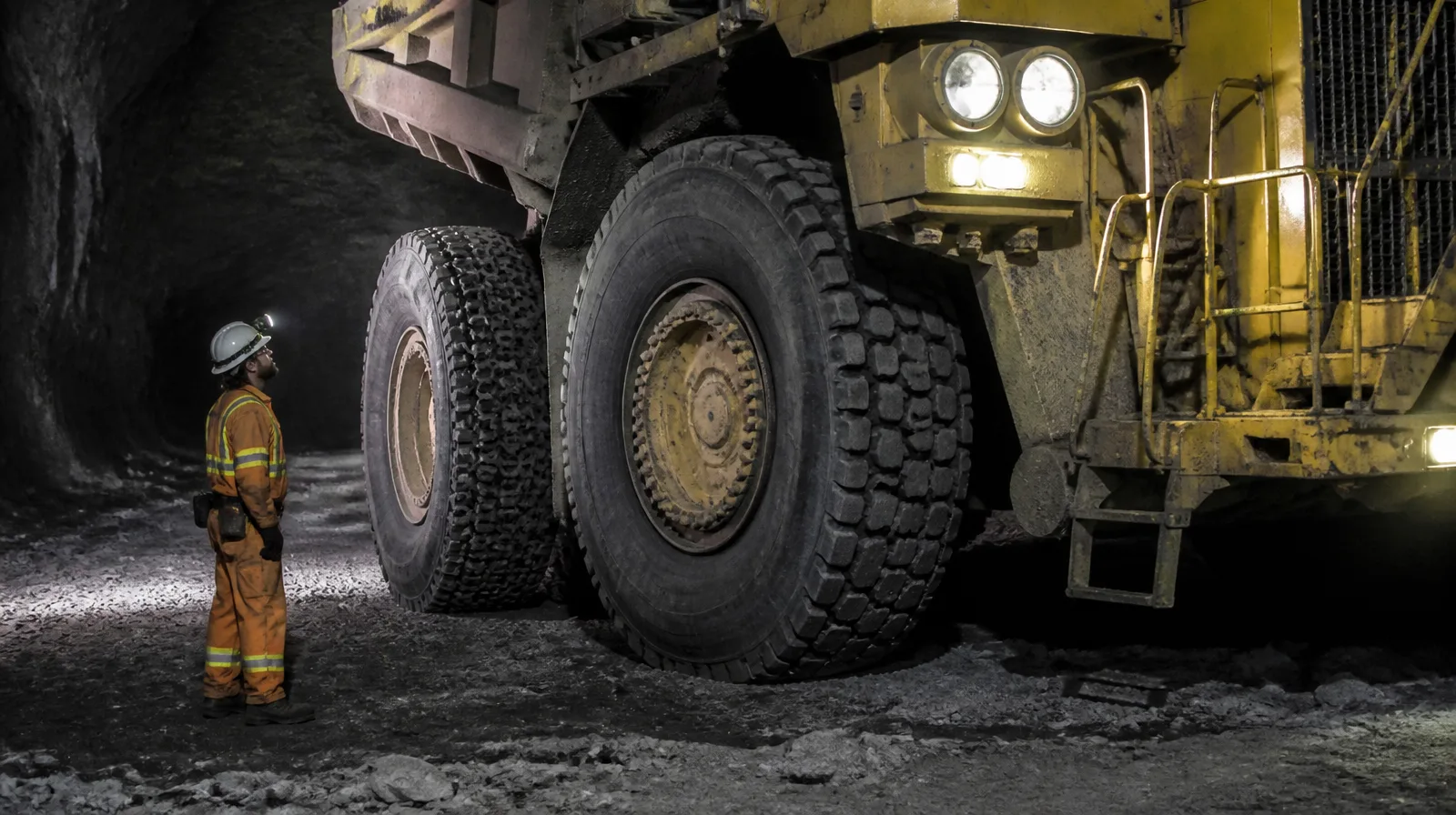 Pneu OTR fotorrealista em veículo de mineração com alta tração e robustez em terreno irregular