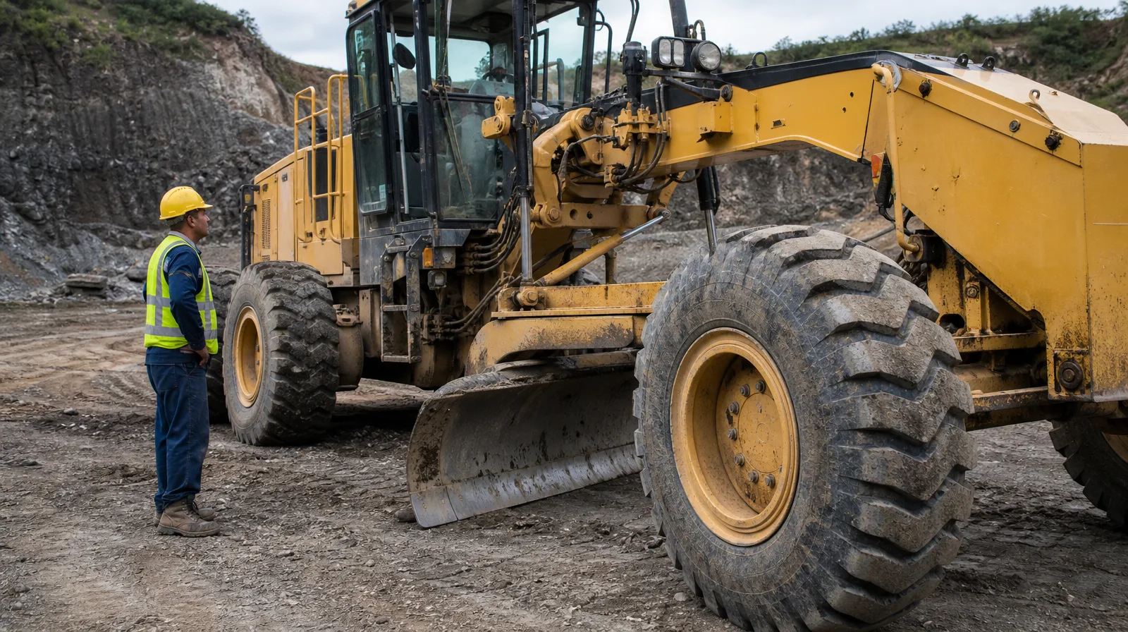 Motoniveladora OTR mineração trabalha em construção de estrada de cascalho com pneu robusto em terreno acidentado