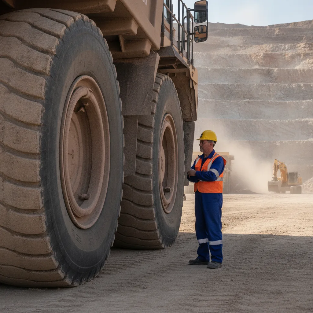 Pneu OTR gigante em mina, evidenciando a tecnologia de blindagem de pneus OTR para zero downtime
