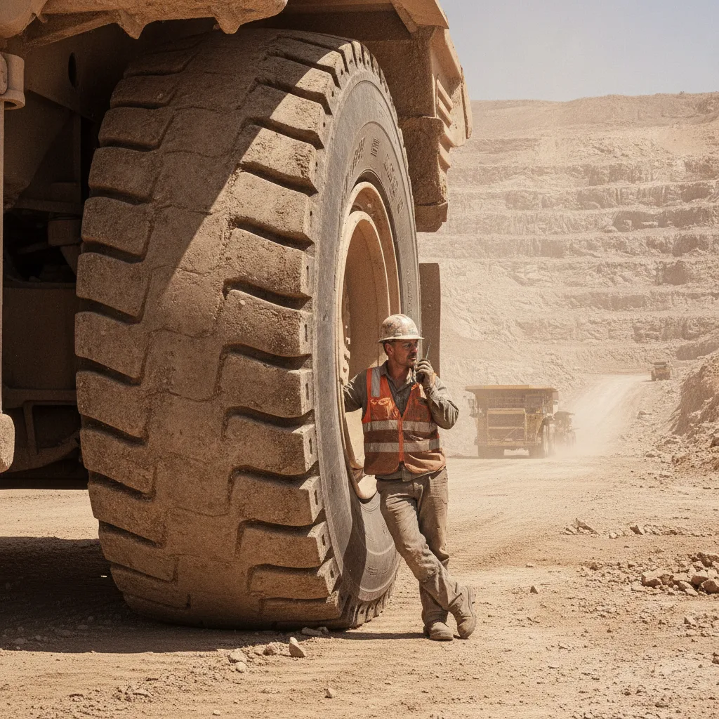 Pneu de pá grande em operação na mineração, destacando sua robustez e o desafio de falhas inesperadas