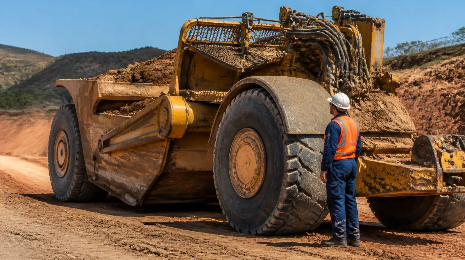 Pneu OTR mineração scraper move terra pesada em ciclo contínuo em veículo robusto no canteiro de obras