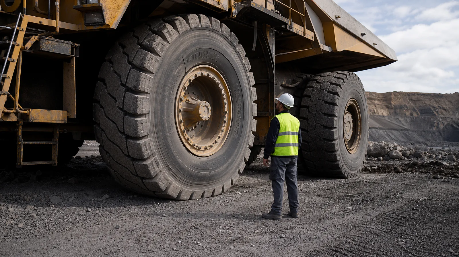 Pneu OTR mineração em scraper operando em 3 turnos 24h por dia sem parada na mina industrial