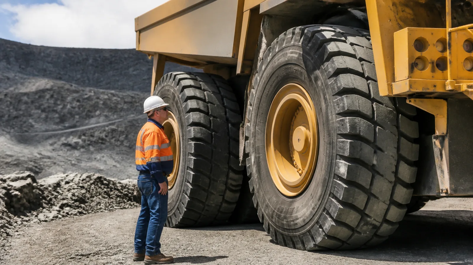 Pneu OTR de trator D11 em mineração com manutenção rigorosa Caterpillar, ambiente fotorrealista e robusto
