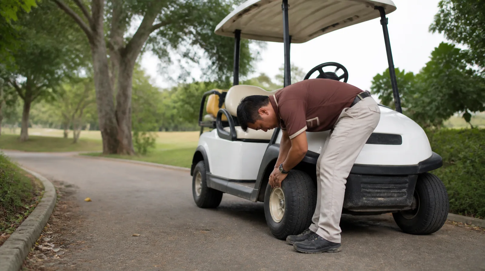 Carrinho de golfe parado por furo de pneu em automóveis, cena fotorrealista em via pavimentada
