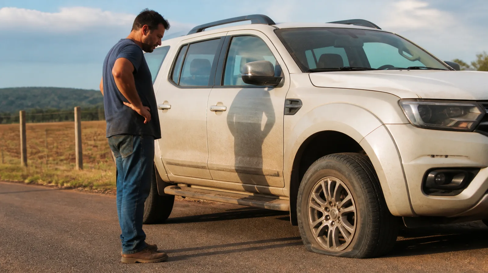 Parada por furo de pneu em frota de SUV e picape com utilitários aguardando socorro na estrada