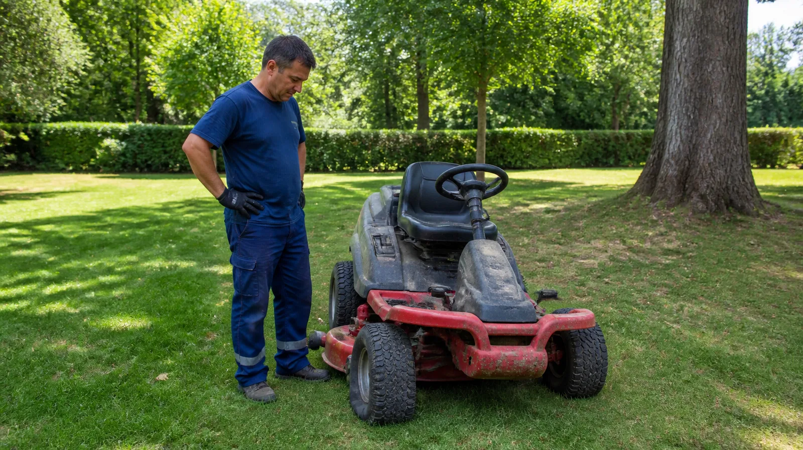 Automóvel parado por furo de pneu em trator de jardinagem em cenário fotorrealista de manutenção