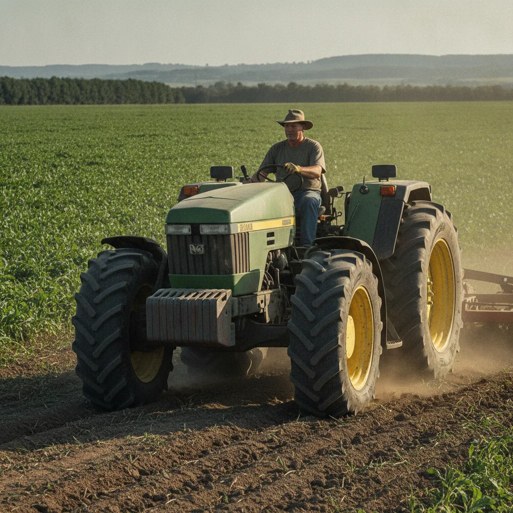 Pneu agrícola antifuro em trator no campo, ilustrando a solução definitiva com selante preventivo