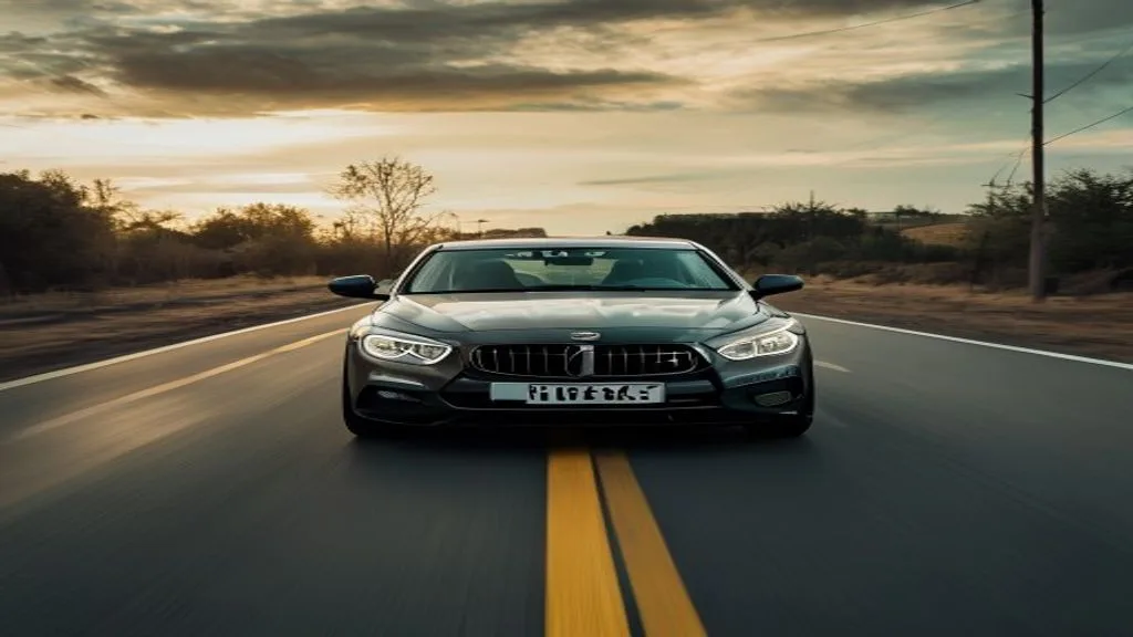 Imagem fotorrealista de um automóvel moderno com pneus de alta performance em uma estrada deslumbrante, destacando a categori