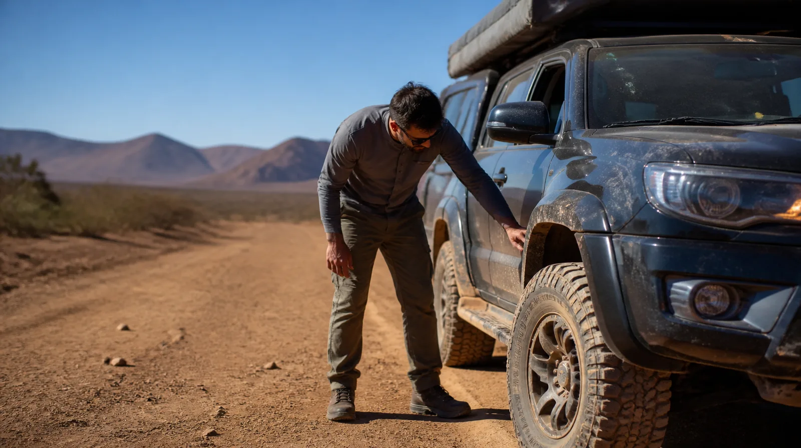 Pneu antifuro para expedicao overland em automóvel 4x4 em estrada de terra com visual fotorrealista