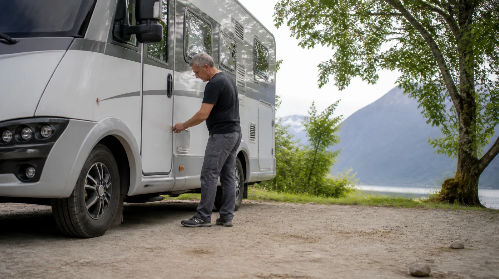 Motorhome em estrada com pneu robusto e alta durabilidade para viagens seguras