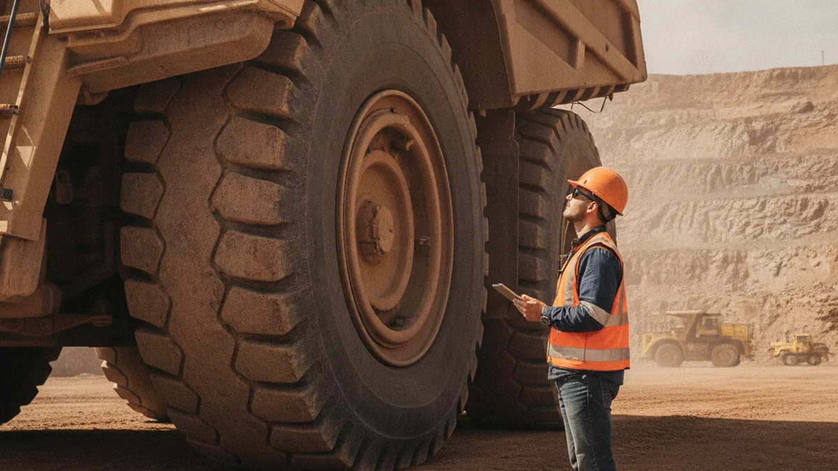 Pneu OTR de grande porte em pátio de mineração com operador ao lado conferindo
