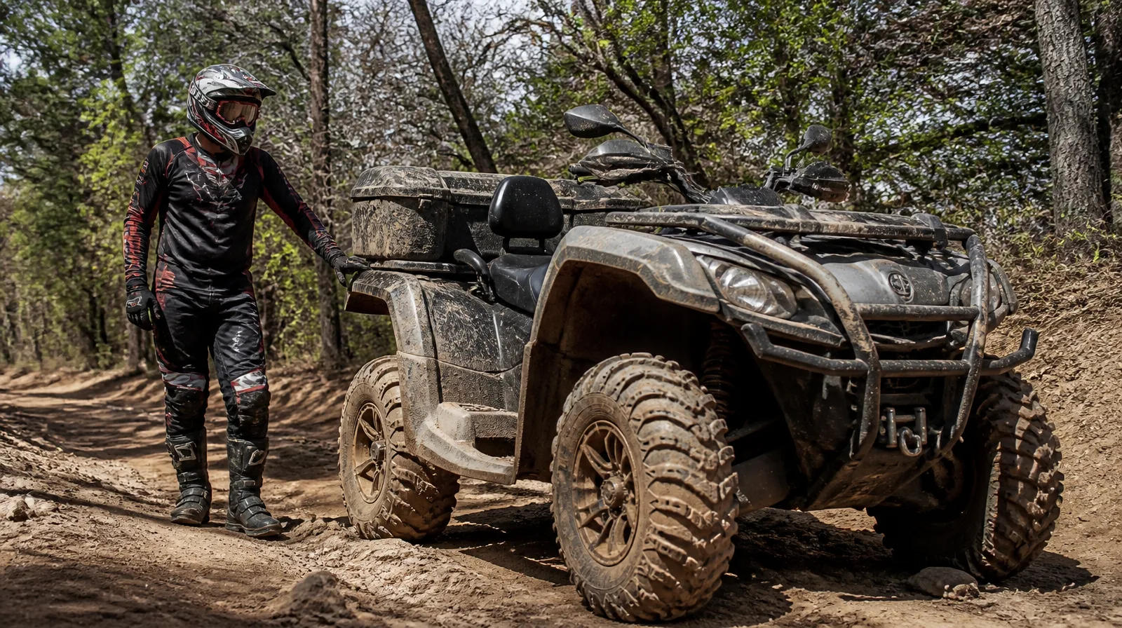 Pneu de veículo Off-road esportivo em terreno acidentado, com lama e poeira, em cena fotorrealista