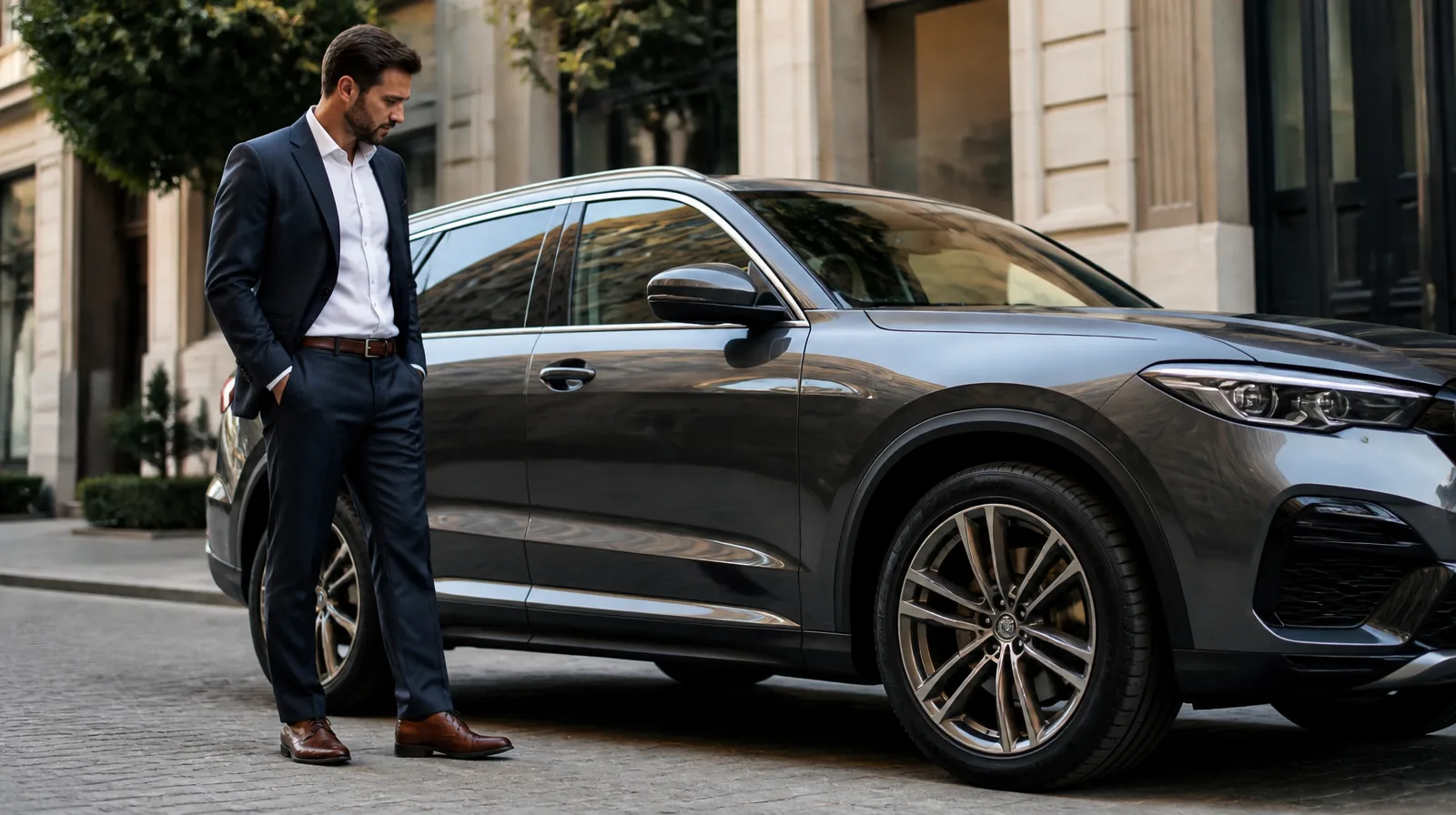 Pneu de suv-premium em veículo fotorrealista com acabamento sofisticado e design robusto