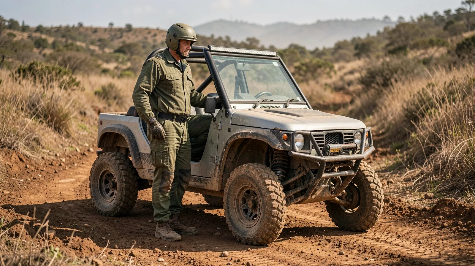 Pneu off-road em veículo 4x4 sobre terreno acidentado com lama e pedras, pronto para trilhas