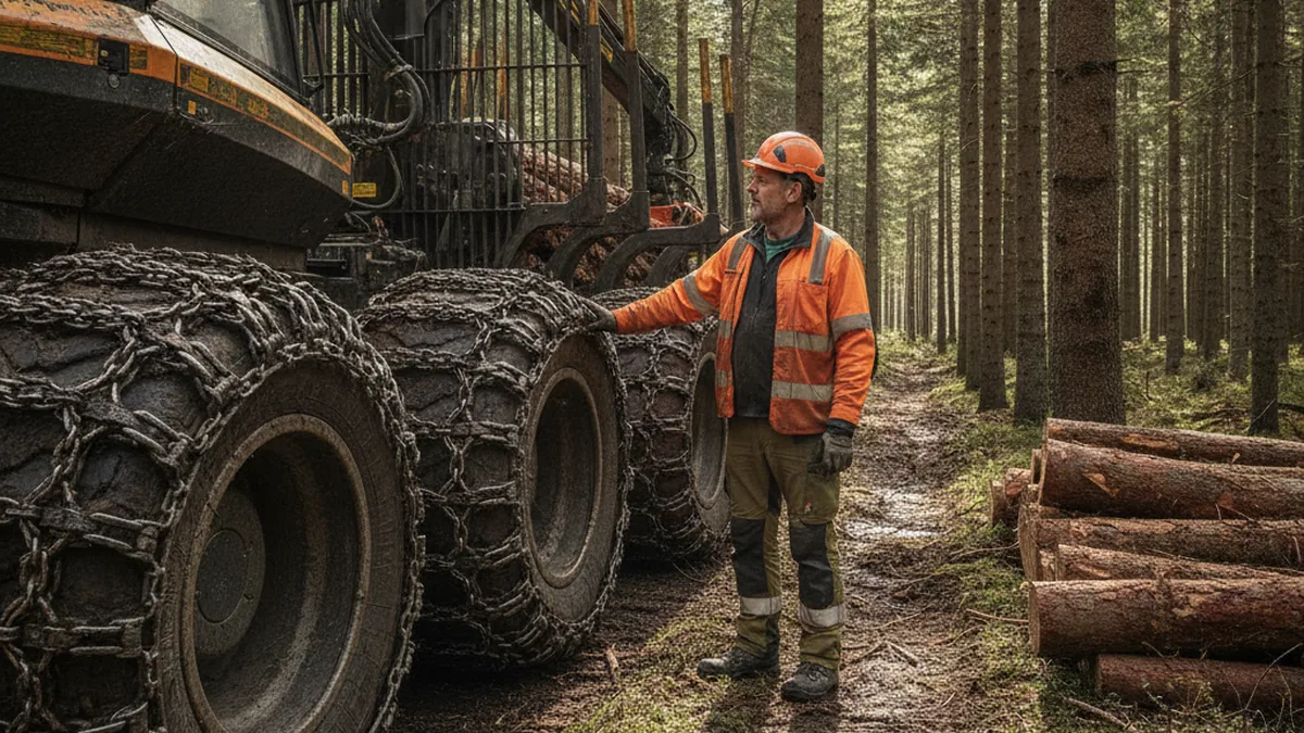 Gestor florestal conferindo pneu de skidder no pátio de manutenção