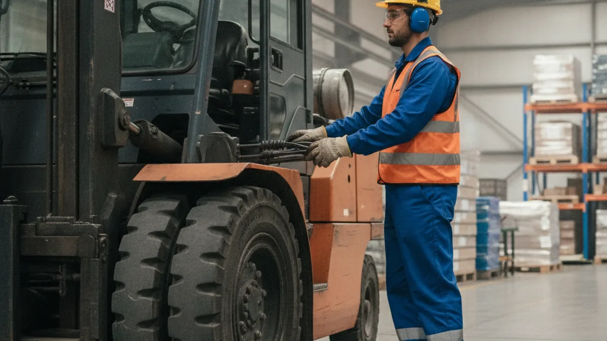 Gestor conferindo pneu de equipamento de pátio industrial com contêineres ao fundo