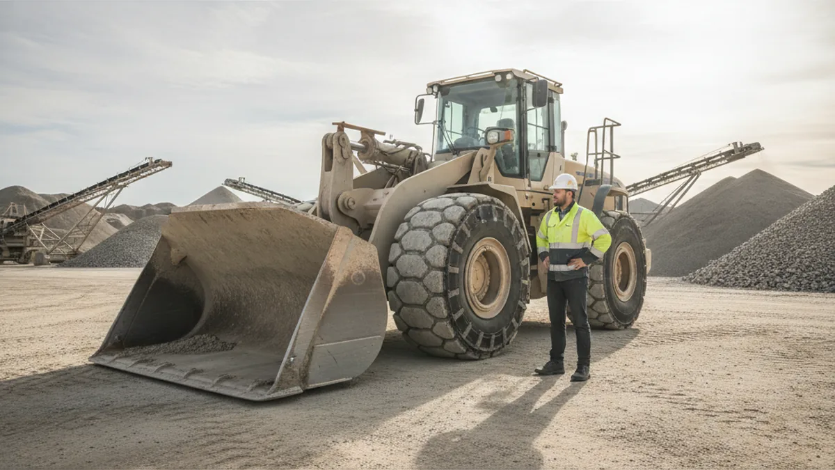 Operador de pá carregadeira em pedreira ao lado do pneu dianteiro da máquina, ao fim do turno