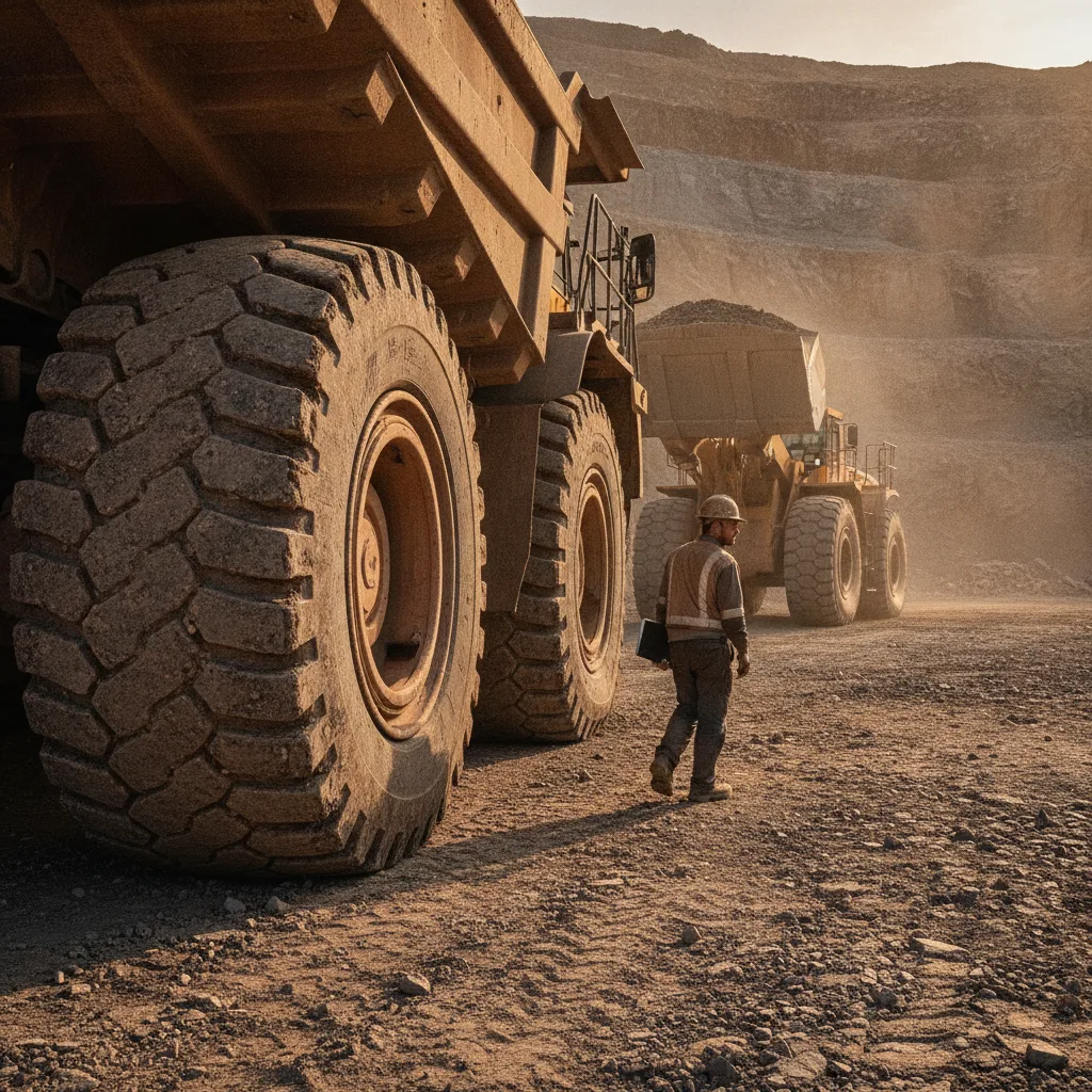 Pneu de carregadeira e caminhão antifuro em ação na mineração, garantindo segurança e produtividade OTR