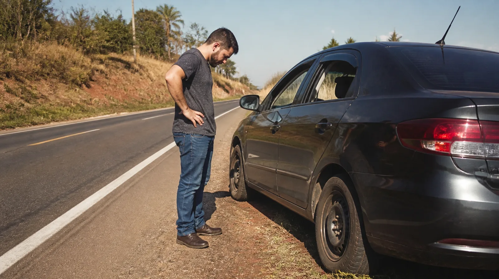 Pneu de carro com câmara de ar em destaque, mostrando a estrutura interna em um veículo fotorrealista