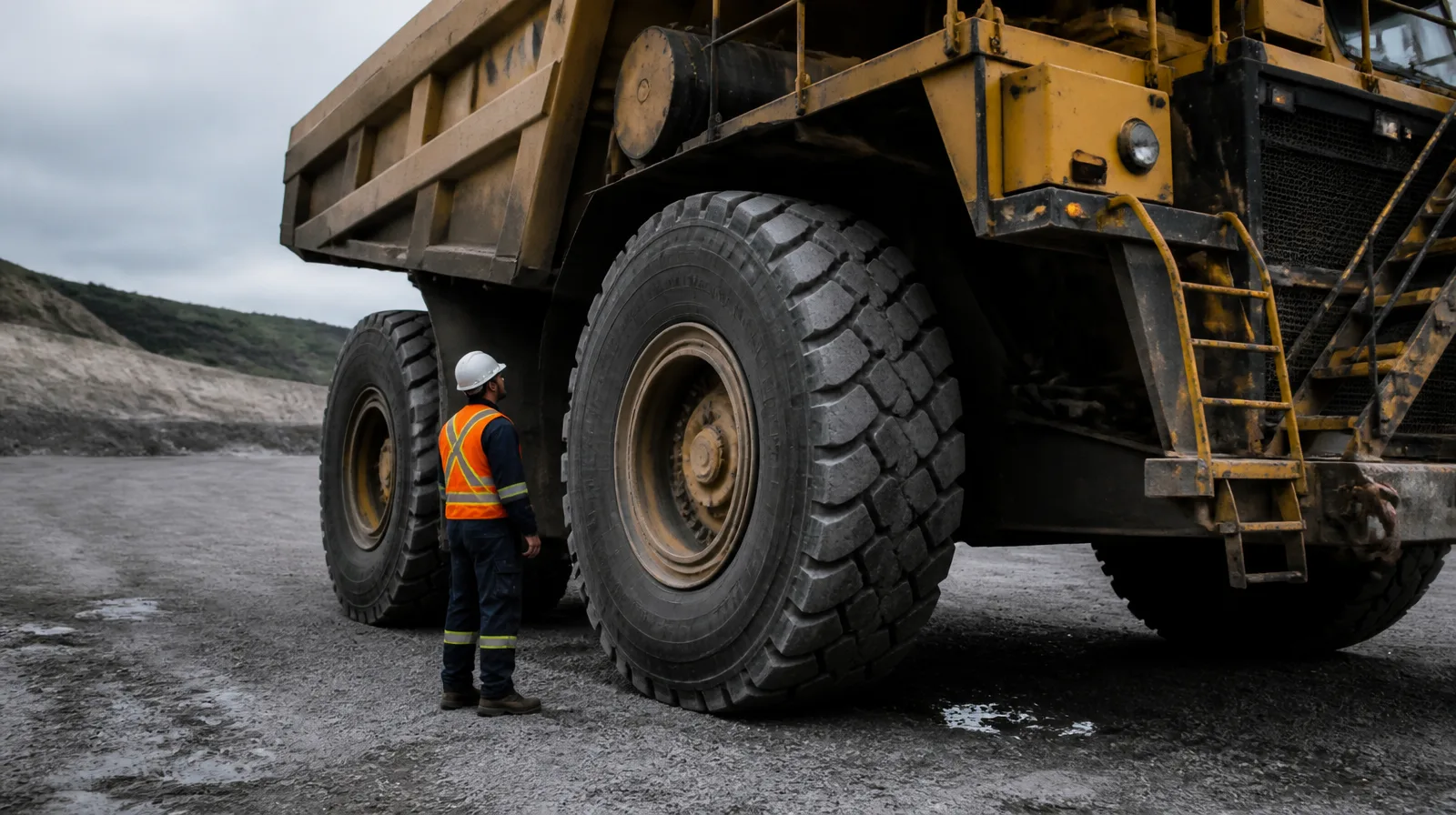 Pneu de máquina de mineração fura toda hora em veículo OTR robusto com desgaste e marcas de uso realistas