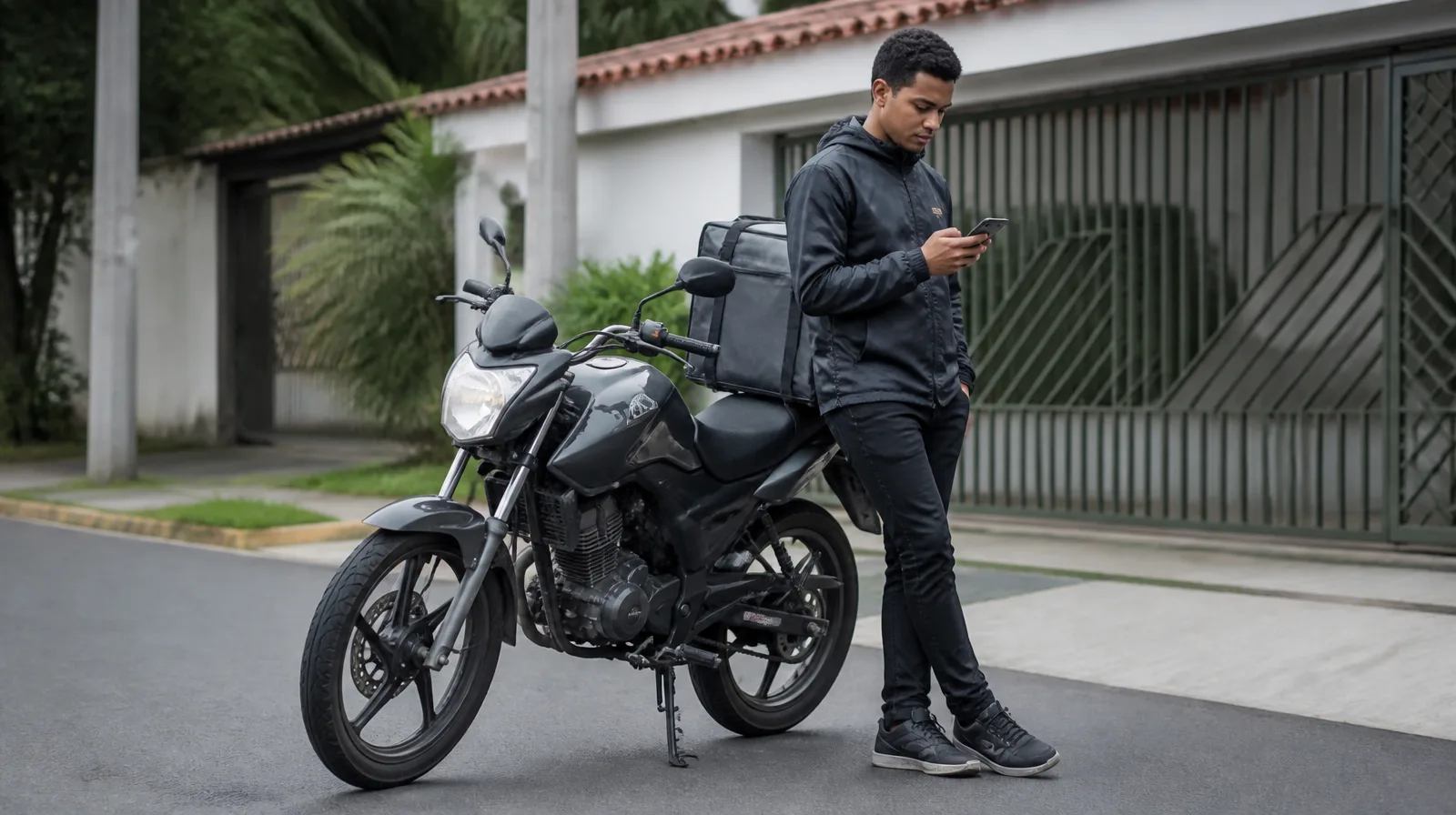 Pneu de moto que não fura em destaque em uma moto fotorrealista, reforçando segurança e resistência