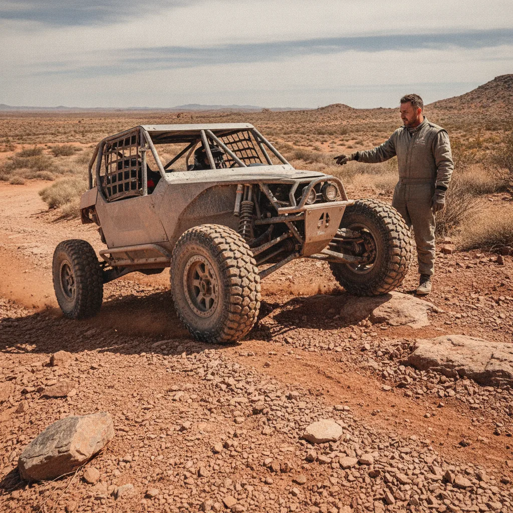 Pneu de trilha antifuro em ação, superando terreno rochoso com um veículo off-road esportivo