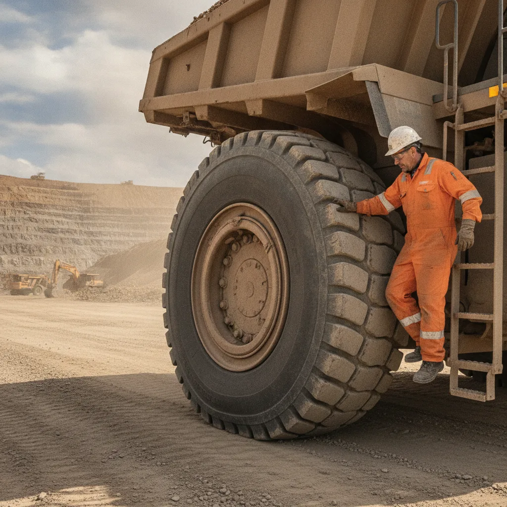 Pneu OTR gigante em mina, evidenciando a tecnologia de blindagem de pneus OTR para zero downtime