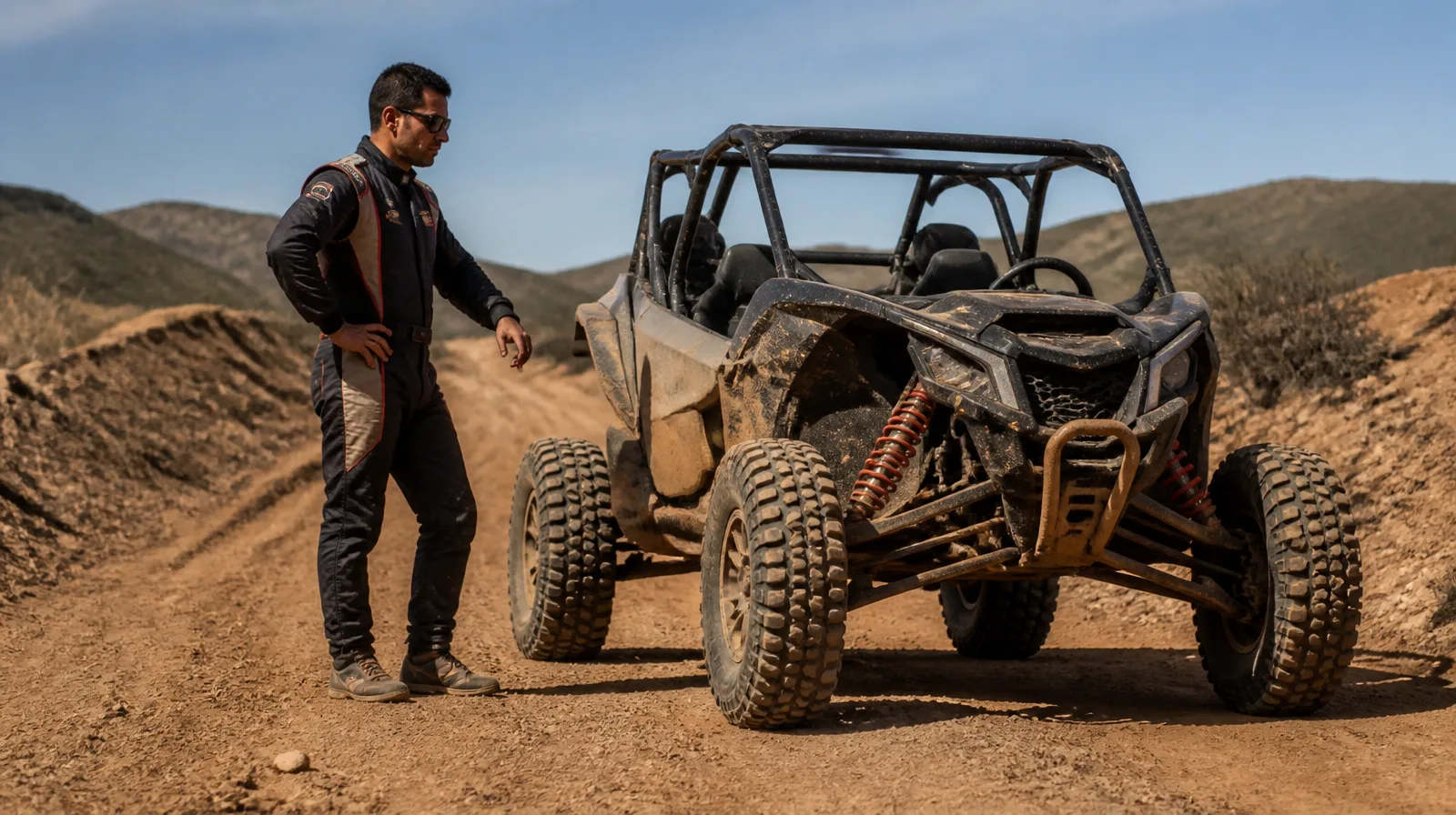 Pneu de veículo Off-road esportivo em terreno acidentado com lama e poeira em destaque