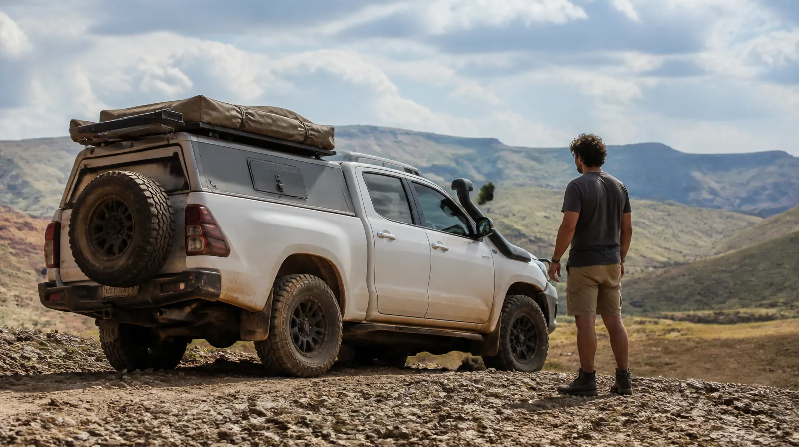 Pneu overland robusto em veículo 4x4 fotorrealista para trilhas e aventuras off-road