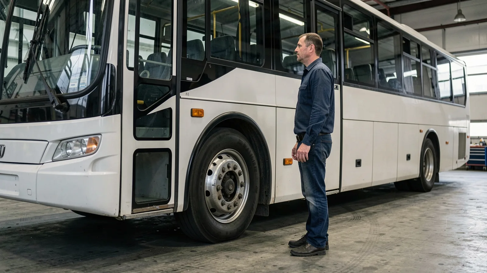 Ônibus em movimento com pneu em destaque, ilustrando desempenho e segurança no segmento onibus