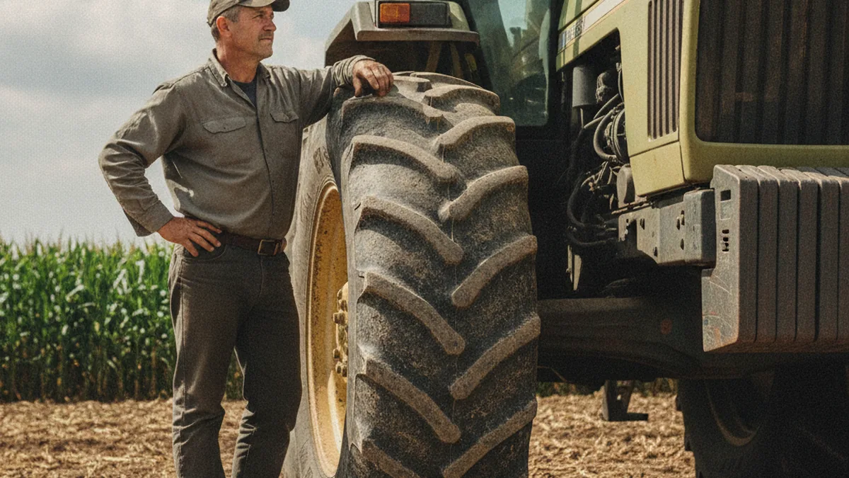 Trator agrícola com pneu de garra em talhão, produtor conferindo o pneu ao lado