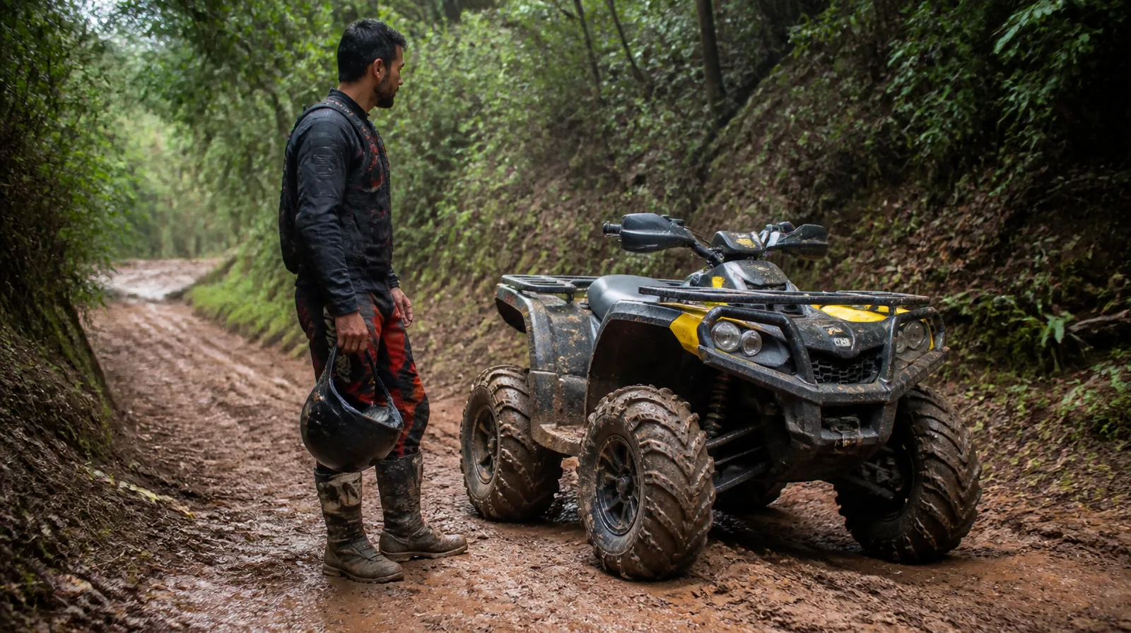 Pneu de veículo off-road esportivo em trilha acidentada com lama e poeira, estilo fotorrealista