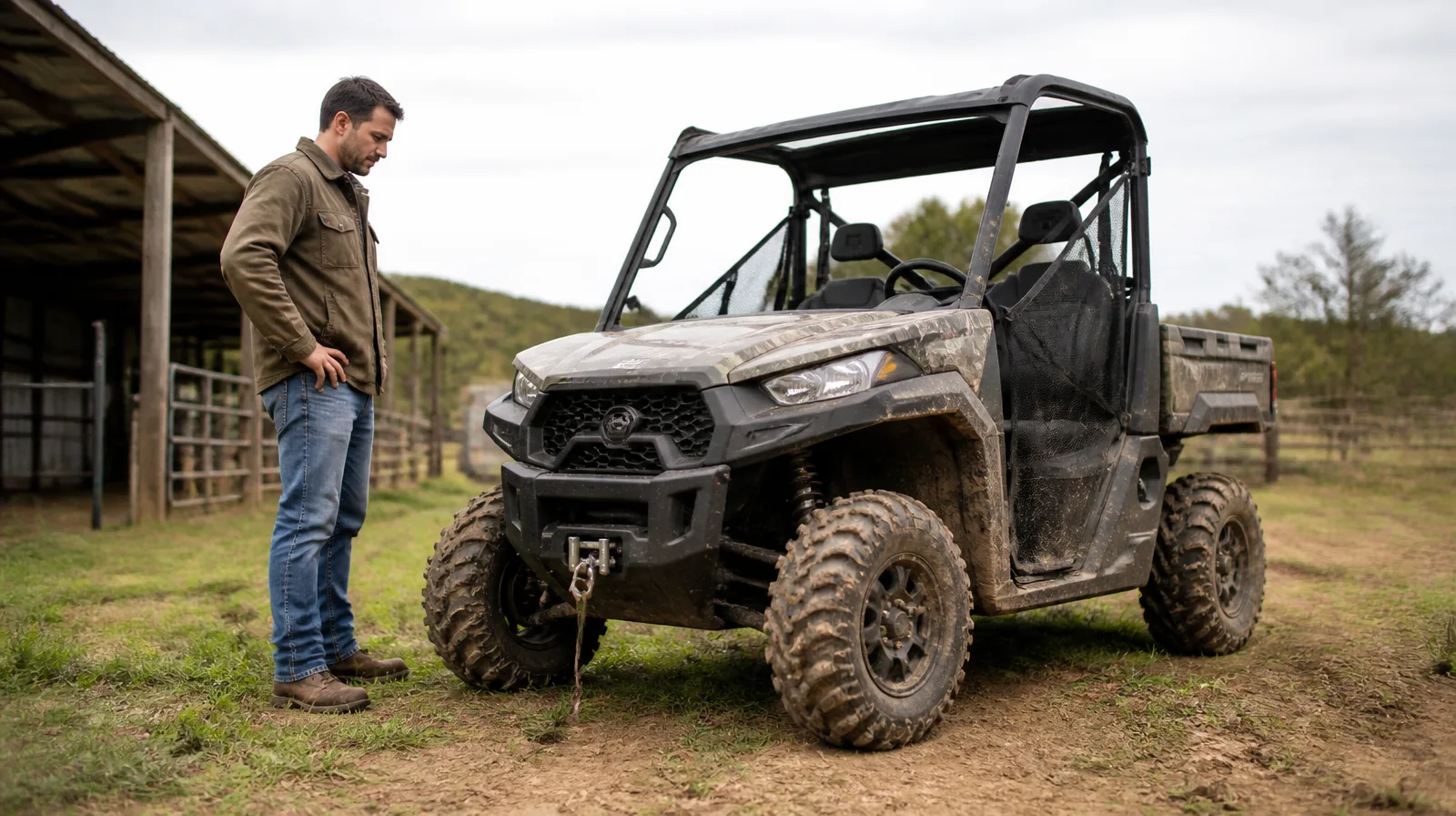 Pneu de utv em terreno acidentado com veículo fotorrealista em ação off-road